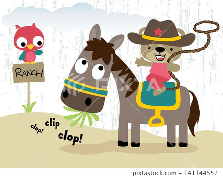 Vector cartoon of funny bear in cowboy costume riding horse with lasso, little owl perch on board Vector cartoon of funny bear in cowboy costume riding horse with lasso, little owl perch on board 141144552