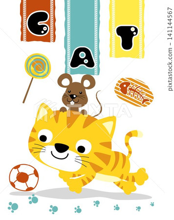 Vector cartoon of funny cat and mouse playing ball Vector cartoon of funny cat and mouse playing ball 141144567