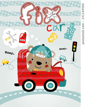 Little bear cartoon on red car, traffic element illustration Little bear cartoon on red car, traffic element illustration 141144569