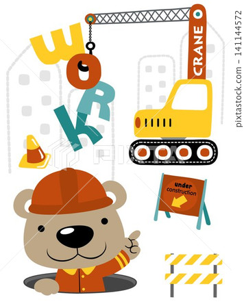Funny bear cartoon in worker costume with construction vehicle, construction element illustration Funny bear cartoon in worker costume with construction vehicle, construction element illustration 141144572