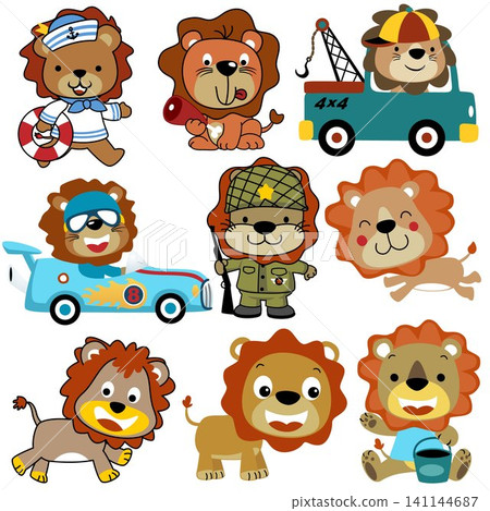 Vector set of funny lion cartoon in different activities and profession Vector set of funny lion cartoon in different activities and profession 141144687