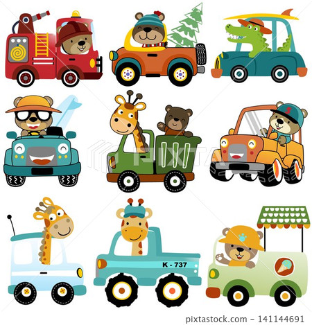 Vector set of vehicles cartoon with funny animals driver Vector set of vehicles cartoon with funny animals driver 141144691