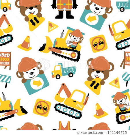 Seamless pattern of construction elements cartoon with funny animals worker 141144715