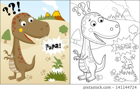 Coloring book of funny dinosaurs cartoon on volcanoes background Coloring book of funny dinosaurs cartoon on volcanoes background 141144724