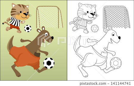 Coloring book of funny cat with kangaroo playing soccer, vector cartoon illustration Coloring book of funny cat with kangaroo playing soccer, vector cartoon illustration 141144741