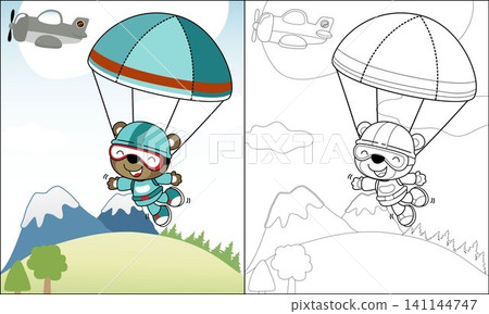 Coloring book of cute bear skydiving on mountains background Coloring book of cute bear skydiving on mountains background 141144747