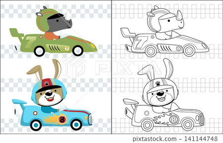 Coloring book of racing car cartoon with funny racer animals 141144748
