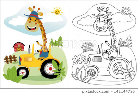 Coloring book of funny giraffe driving tractor on farming background 141144756
