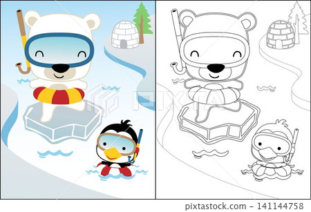 Coloring book of polar bear and penguin with diving equipment Coloring book of polar bear and penguin with diving equipment 141144758