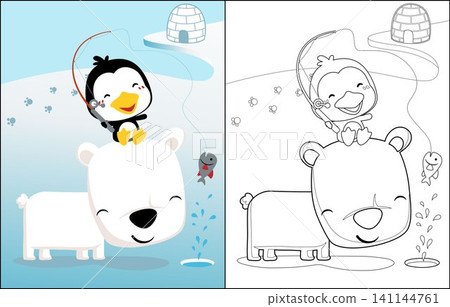 Funny cartoon of polar bear and penguin fishing in antarctica , coloring book or page Funny cartoon of polar bear and penguin fishing in antarctica , coloring book or page 141144761
