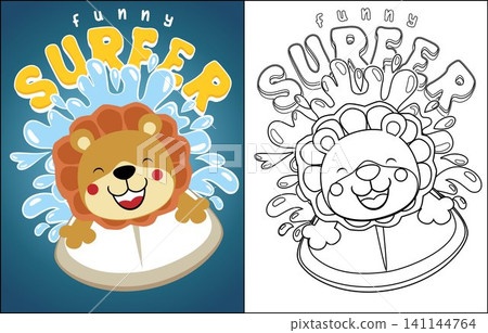 Vector cartoon of lion surfing on wave background, coloring book or page Vector cartoon of lion surfing on wave background, coloring book or page 141144764