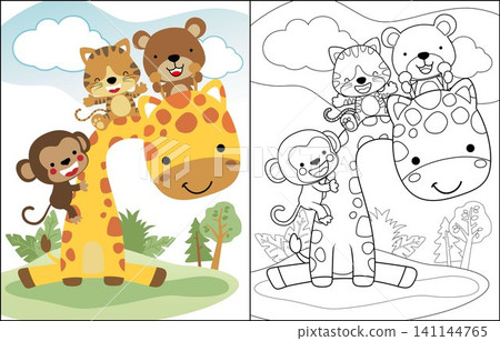 Funny cartoon of giraffe with bear, tiger and monkey. Coloring book or page Funny cartoon of giraffe with bear, tiger and monkey. Coloring book or page 141144765