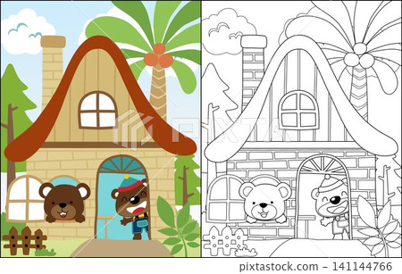 two cute bear cartoon in sweet home, coloring book or page two cute bear cartoon in sweet home, coloring book or page 141144766