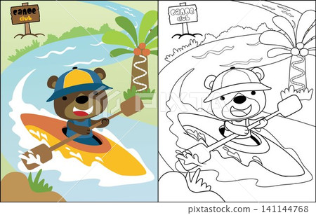 Vector cartoon of funny bear on canoe in river, coloring book or page Vector cartoon of funny bear on canoe in river, coloring book or page 141144768