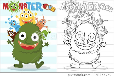 Vector cartoon of funny colorful monsters, coloring book or page 141144769