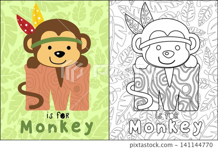 Monkey cartoon with feather headdress hugging M letter on leaves seamless pattern background, coloring book or page Monkey cartoon with feather headdress hugging M letter on leaves seamless pattern background, coloring book or page 141144770