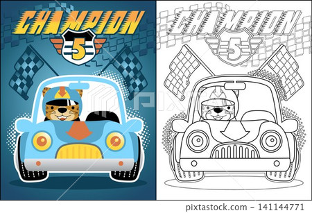 Vector cartoon of race car with tiger racer, coloring book or page 141144771