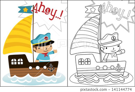 Cartoon vector of little sailor on sailboat, coloring book or page Cartoon vector of little sailor on sailboat, coloring book or page 141144774