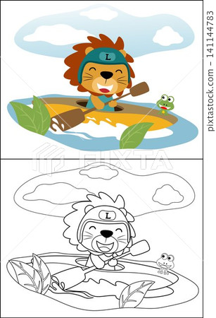 Vector cartoon of funny lion with frog on canoe in river, coloring book or page 141144783