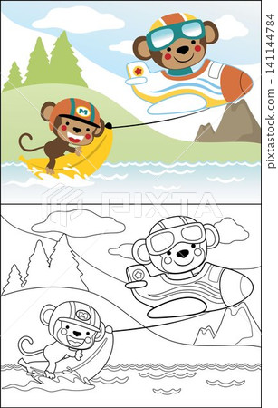 Cartoon of cute monkey on plane pulling it friend on banana boat in river, coloring book or page Cartoon of cute monkey on plane pulling it friend on banana boat in river, coloring book or page 141144784