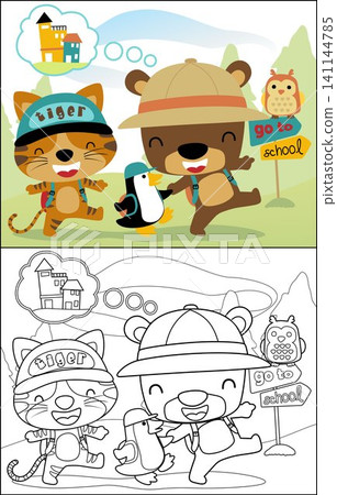 Funny animals cartoon go to school, coloring book or page Funny animals cartoon go to school, coloring book or page 141144785