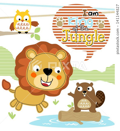 Vector illustration of lion cartoon with beaver on tree trunk, owl on tree branches Vector illustration of lion cartoon with beaver on tree trunk, owl on tree branches 141144827