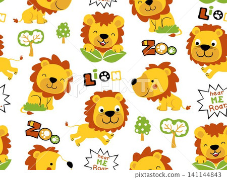 vector seamless pattern of funny lion cartoon in different activity 141144843