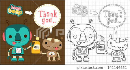 vector cartoon of funny robots drink oil with orange flavour, coloring book or page vector cartoon of funny robots drink oil with orange flavour, coloring book or page 141144851