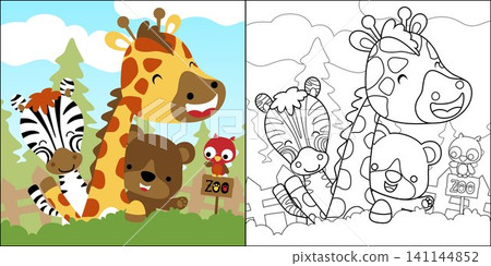 coloring book of funny animals cartoon on forest background coloring book of funny animals cartoon on forest background 141144852