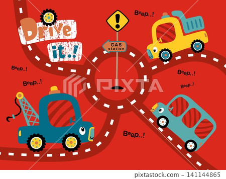 funny vehicles cartoon in the ring road, traffic element cartoon funny vehicles cartoon in the ring road, traffic element cartoon 141144865