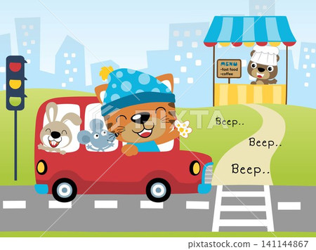 Cute animals cartoon on red bus in the city road, bear in it stall on buildings background Cute animals cartoon on red bus in the city road, bear in it stall on buildings background 141144867