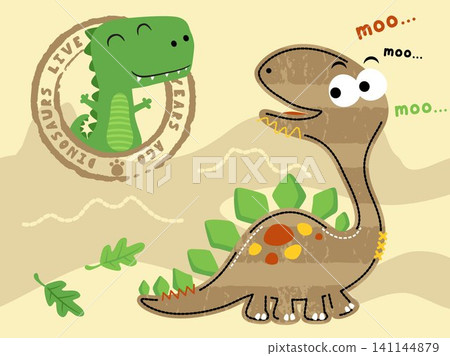 Cute smiling dinosaurs cartoon on volcanoes background Cute smiling dinosaurs cartoon on volcanoes background 141144879