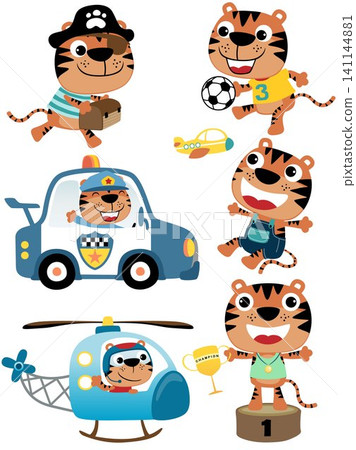 vector set of funny tiger cartoon in different profession and activity vector set of funny tiger cartoon in different profession and activity 141144881