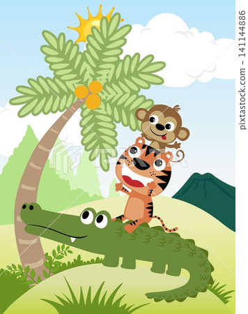 Piled up of funny animals cartoon try to picking coconuts in forest Piled up of funny animals cartoon try to picking coconuts in forest 141144886