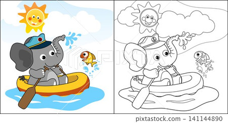 vector cartoon of cute elephant on inflatable boat with a little fish at summer, coloring book or page vector cartoon of cute elephant on inflatable boat with a little fish at summer, coloring book or page 141144890