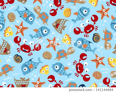 seamless pattern of marine animals cartoon, sea life elements illustration seamless pattern of marine animals cartoon, sea life elements illustration 141144894