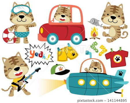 Vector set of cartoon cat in different activity, pet toys elements illustration Vector set of cartoon cat in different activity, pet toys elements illustration 141144895