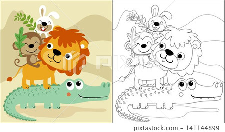 Vector cartoon of cartoon funny animal piled up. Coloring book or page 141144899