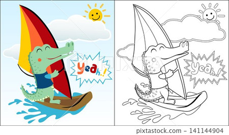 Crocodile cartoon playing windsurf at summer holiday, coloring book or page Crocodile cartoon playing windsurf at summer holiday, coloring book or page 141144904