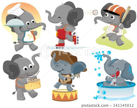 Vector set of funny elephant cartoon in different activities Vector set of funny elephant cartoon in different activities 141145012