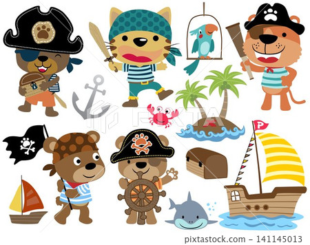Vector set of cartoon funny animals in pirate costume. Pirate elements cartoon Vector set of cartoon funny animals in pirate costume. Pirate elements cartoon 141145013