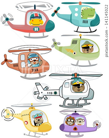 Vector set of helicopters cartoon with funny animals pilots Vector set of helicopters cartoon with funny animals pilots 141145022