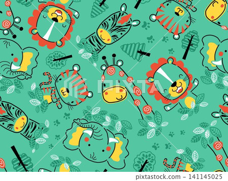 seamless pattern of hand drawn funny animals cartoon, jungle elements illustration seamless pattern of hand drawn funny animals cartoon, jungle elements illustration 141145025