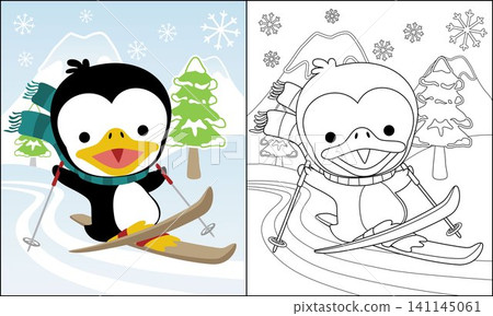 Cartoon penguin skiing in the snow land, coloring book or page Cartoon penguin skiing in the snow land, coloring book or page 141145061