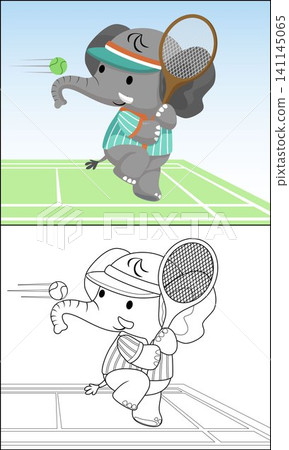Funny elephant cartoon playing tennis, coloring book or page 141145065