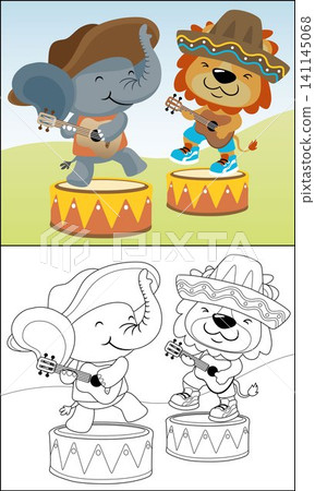 Cartoon elephant with lion playing guitar in Mexican sombrero hats, coloring book or page Cartoon elephant with lion playing guitar in Mexican sombrero hats, coloring book or page 141145068