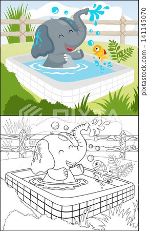funny elephant cartoon with a little fish in swimming pool, coloring book or page funny elephant cartoon with a little fish in swimming pool, coloring book or page 141145070