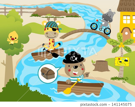 funny animals cartoon in pirate costume on rowboat in river, hippo riding bicycle, rural scene illustration funny animals cartoon in pirate costume on rowboat in river, hippo riding bicycle, rural scene illustration 141145075