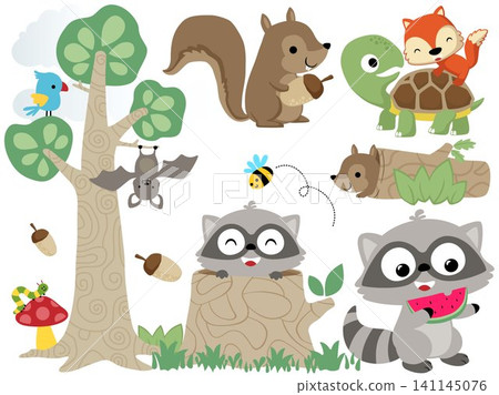 Vector set of forest animals cartoon, forest elements illustration Vector set of forest animals cartoon, forest elements illustration 141145076