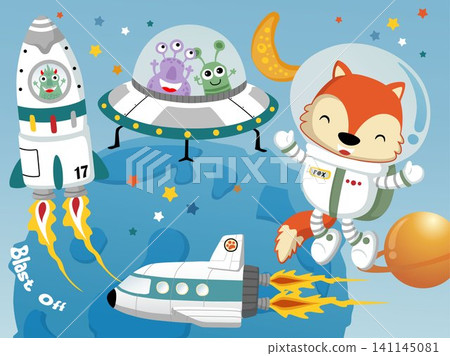 Vector illustration of cute fox in astronaut costume with aliens in spacecraft, space elements cartoon Vector illustration of cute fox in astronaut costume with aliens in spacecraft, space elements cartoon 141145081